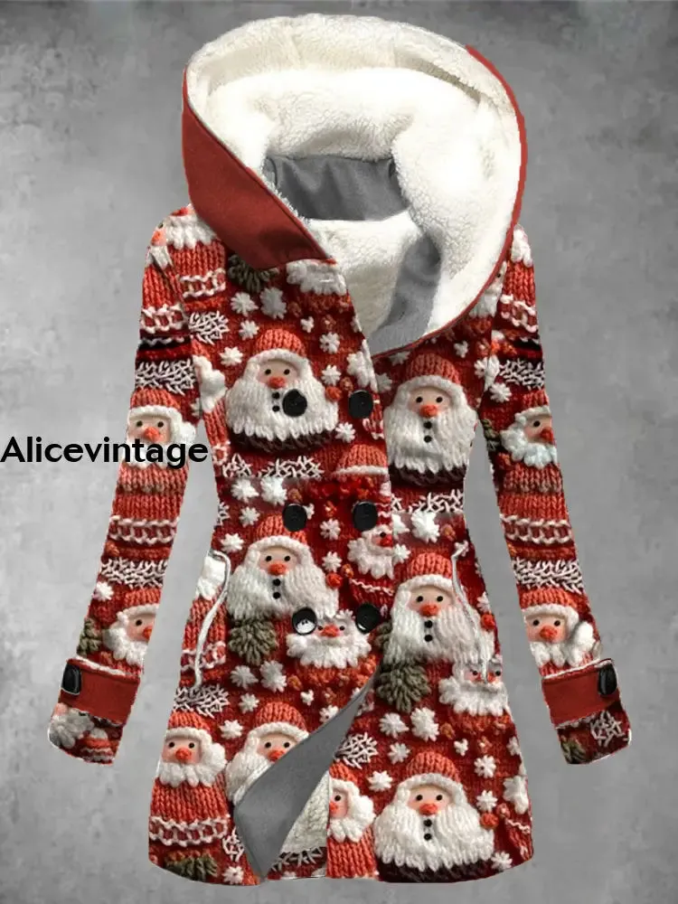Christmas Santa Claus Art Print Vintage Long Sleeve Button Jacket Coat