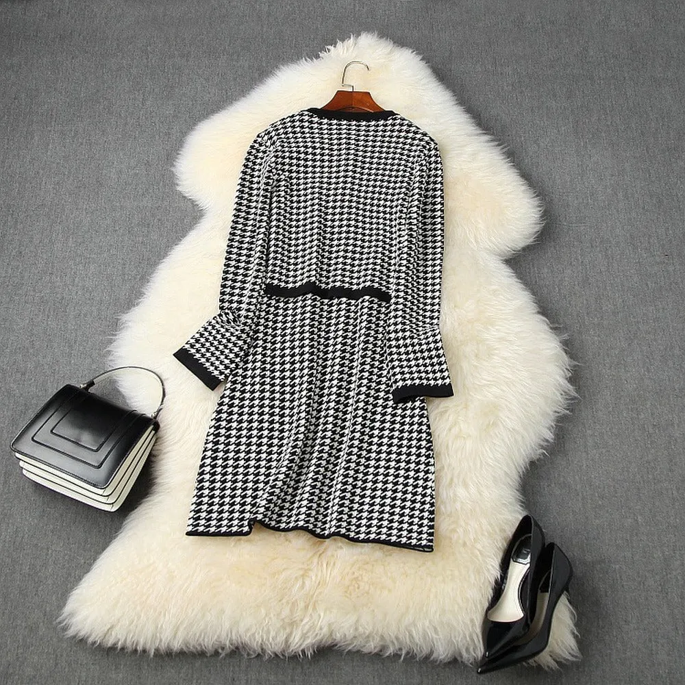 Classic Houndstooth Single-breasted Cardigan Vest Dress Two-piece Set Yellow