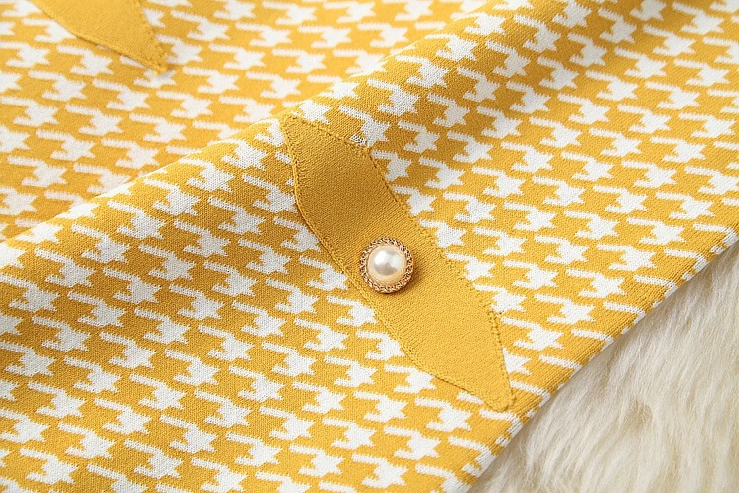 Classic Houndstooth Single-breasted Cardigan Vest Dress Two-piece Set Yellow