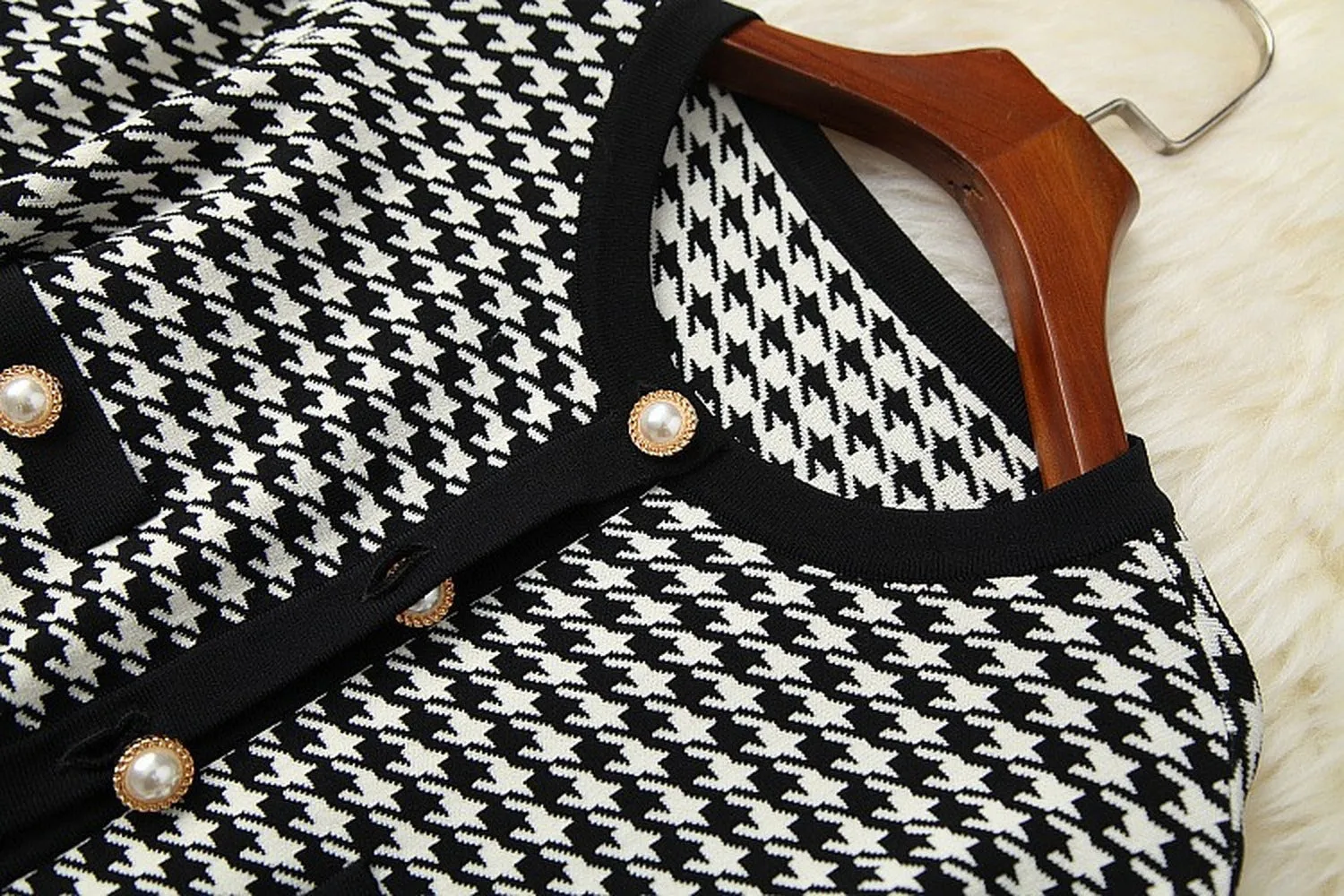 Classic Houndstooth Single-breasted Cardigan Vest Dress Two-piece Set Yellow