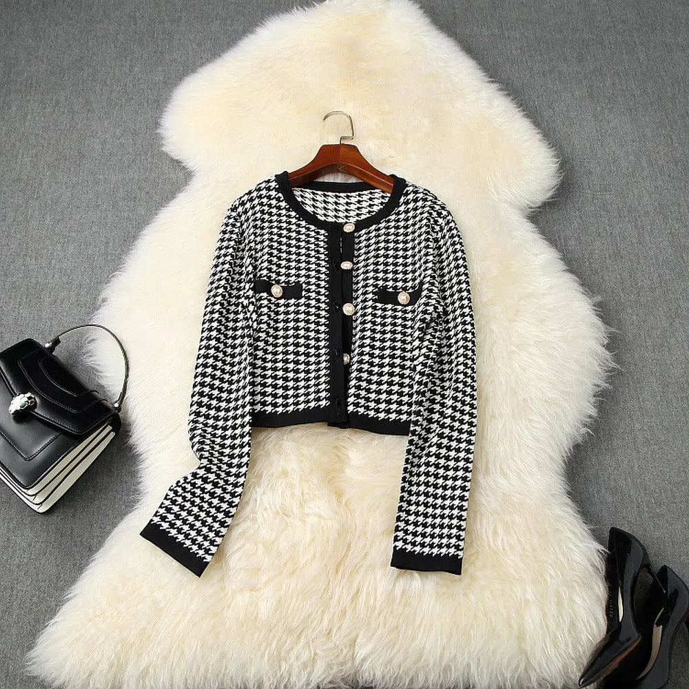 Classic Houndstooth Single-breasted Cardigan Vest Dress Two-piece Set Yellow