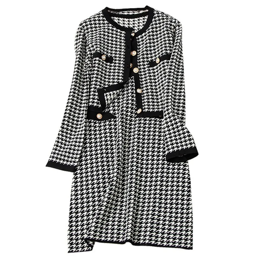 Classic Houndstooth Single-breasted Cardigan Vest Dress Two-piece Set Yellow