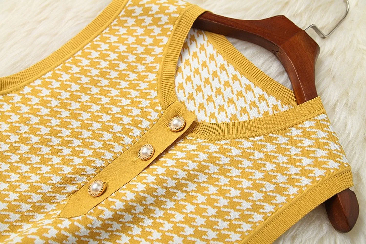 Classic Houndstooth Single-breasted Cardigan Vest Dress Two-piece Set Yellow