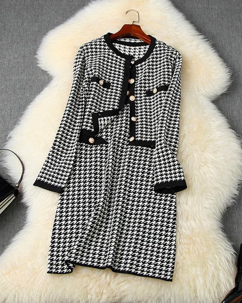 Classic Houndstooth Single-breasted Cardigan Vest Dress Two-piece Set Yellow