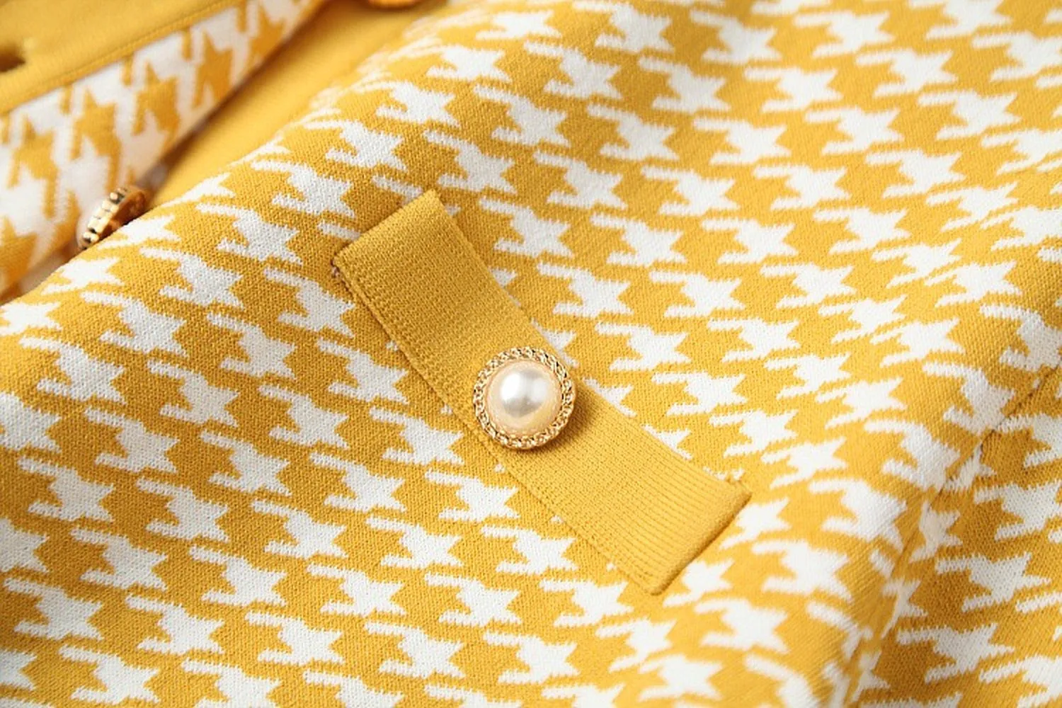 Classic Houndstooth Single-breasted Cardigan Vest Dress Two-piece Set Yellow