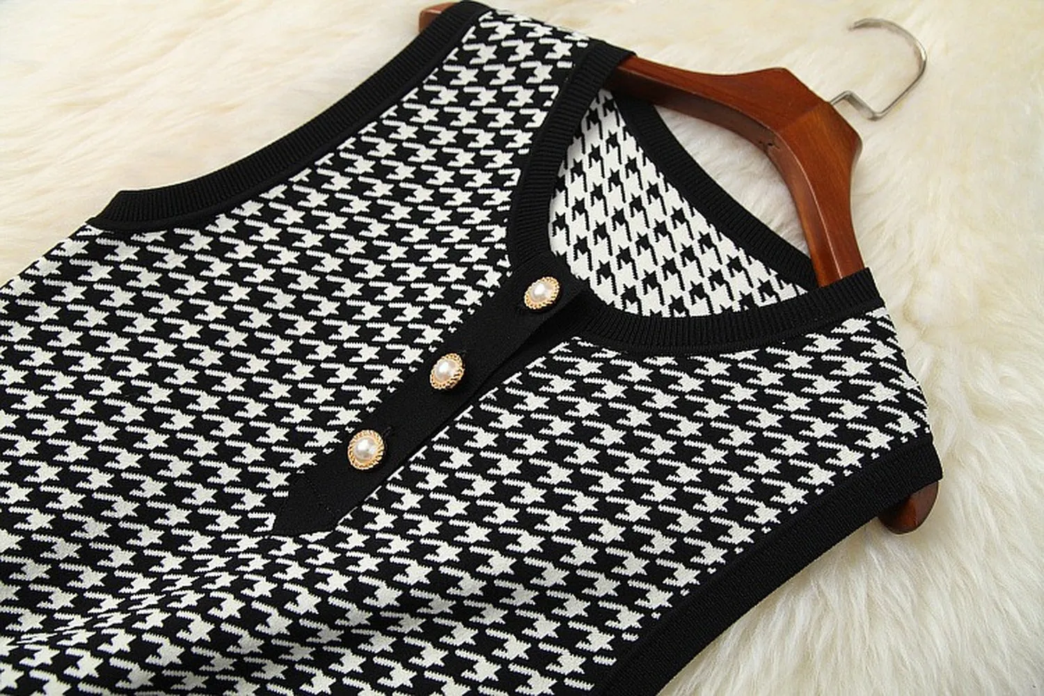 Classic Houndstooth Single-breasted Cardigan Vest Dress Two-piece Set Yellow