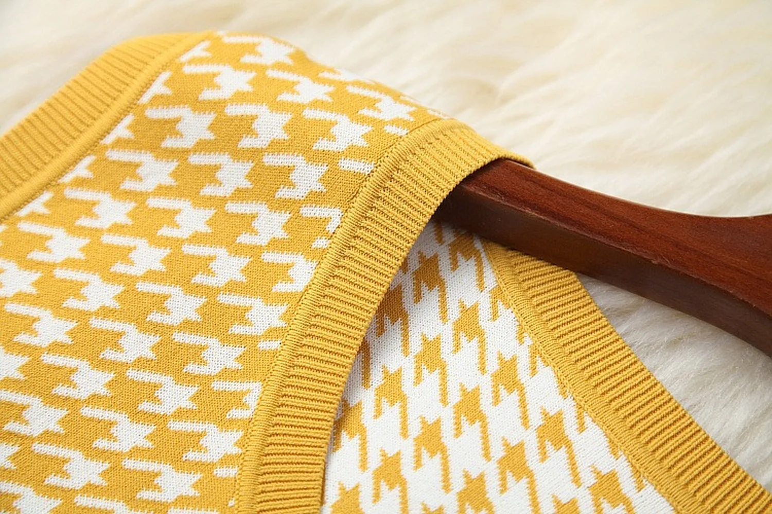 Classic Houndstooth Single-breasted Cardigan Vest Dress Two-piece Set Yellow