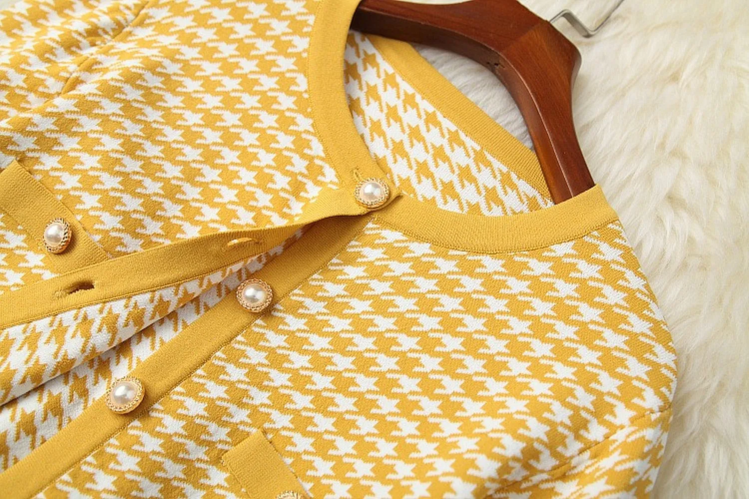 Classic Houndstooth Single-breasted Cardigan Vest Dress Two-piece Set Yellow