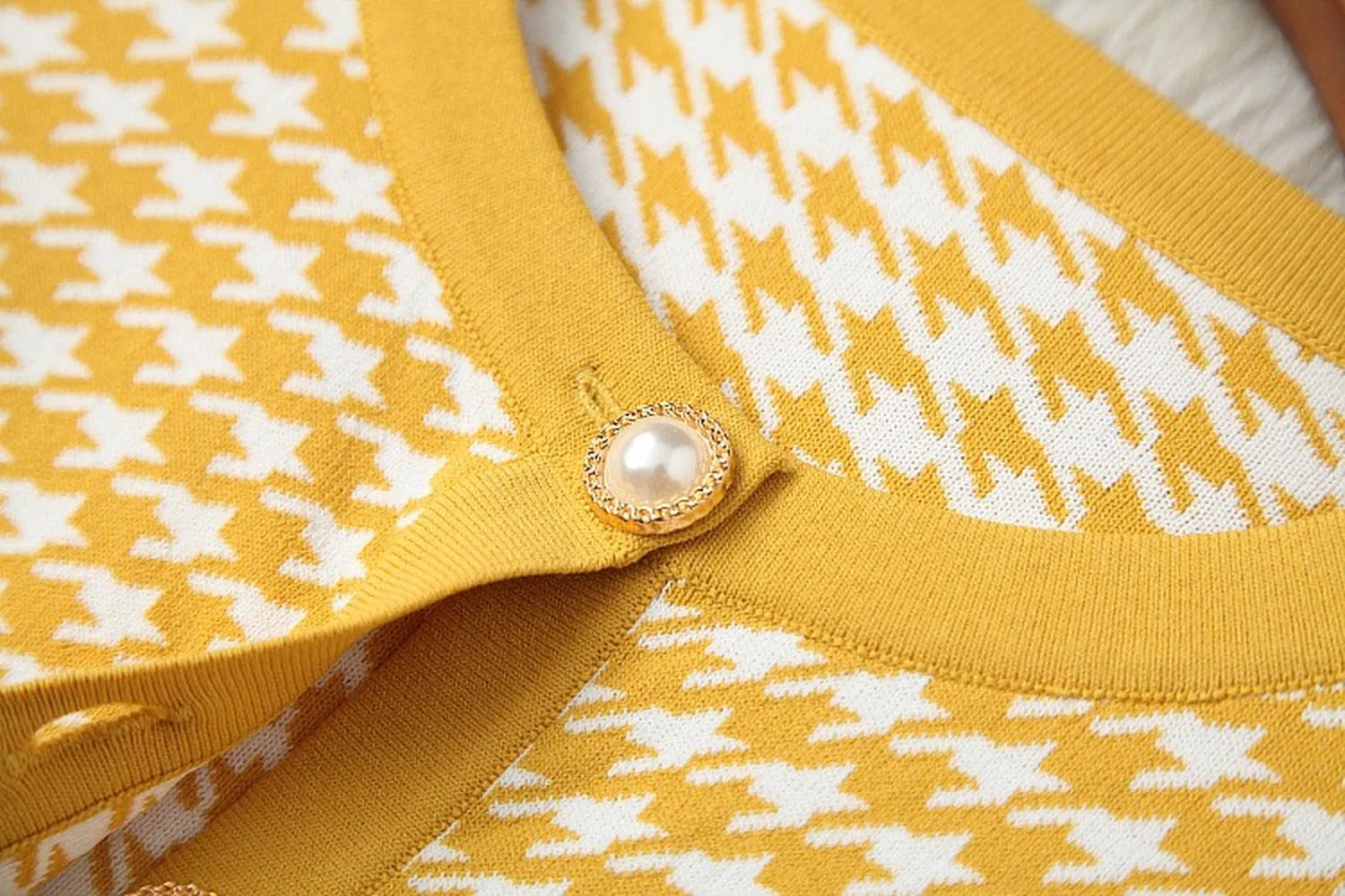 Classic Houndstooth Single-breasted Cardigan Vest Dress Two-piece Set Yellow