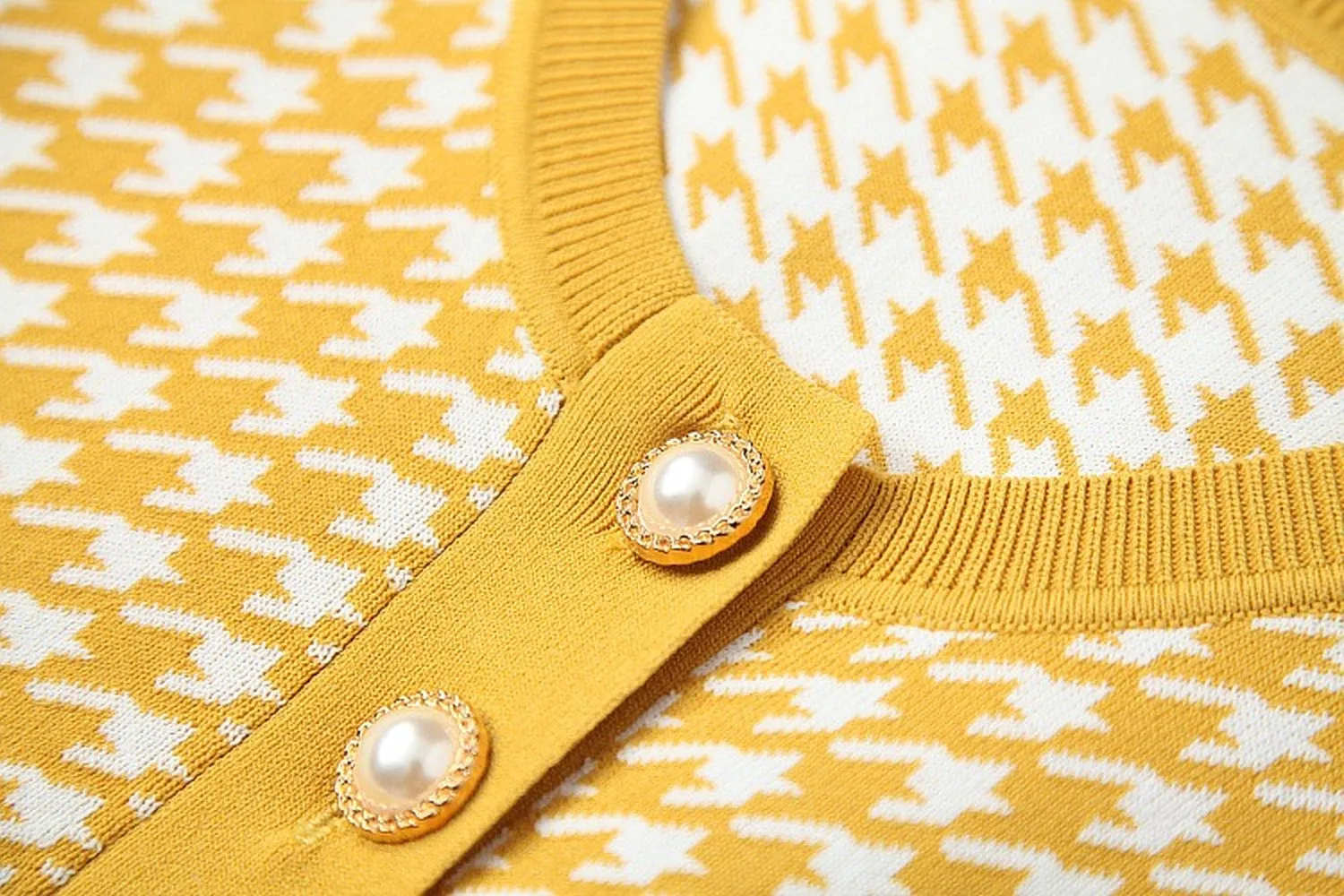 Classic Houndstooth Single-breasted Cardigan Vest Dress Two-piece Set Yellow