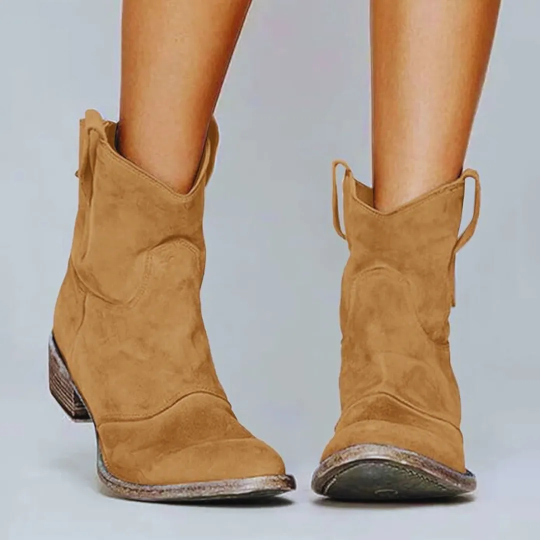 Cowgirl Belle™ | Women's Vintage Leather Cowboy Ankle Boots | Pointed Toe, Low Heel, Durable Design
