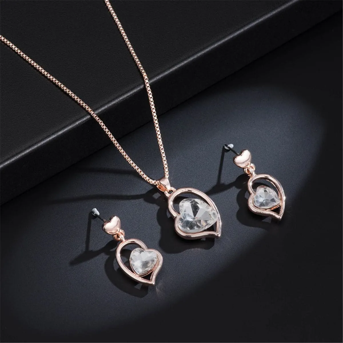 Crystal & 18K Rose Gold-Plated Heart Pendant Necklace & Earrings