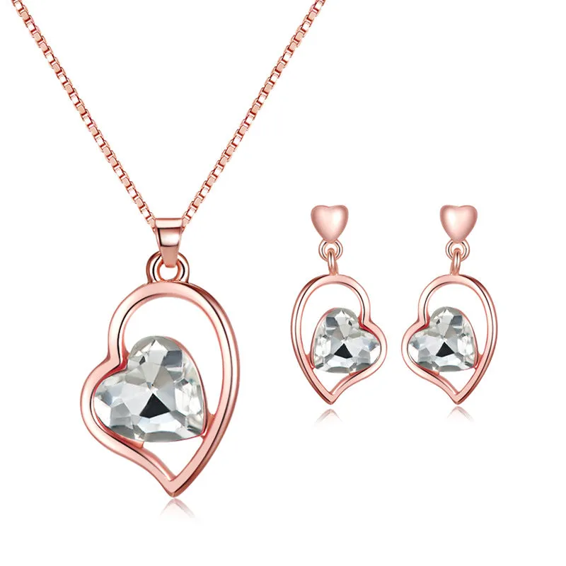 Crystal & 18K Rose Gold-Plated Heart Pendant Necklace & Earrings