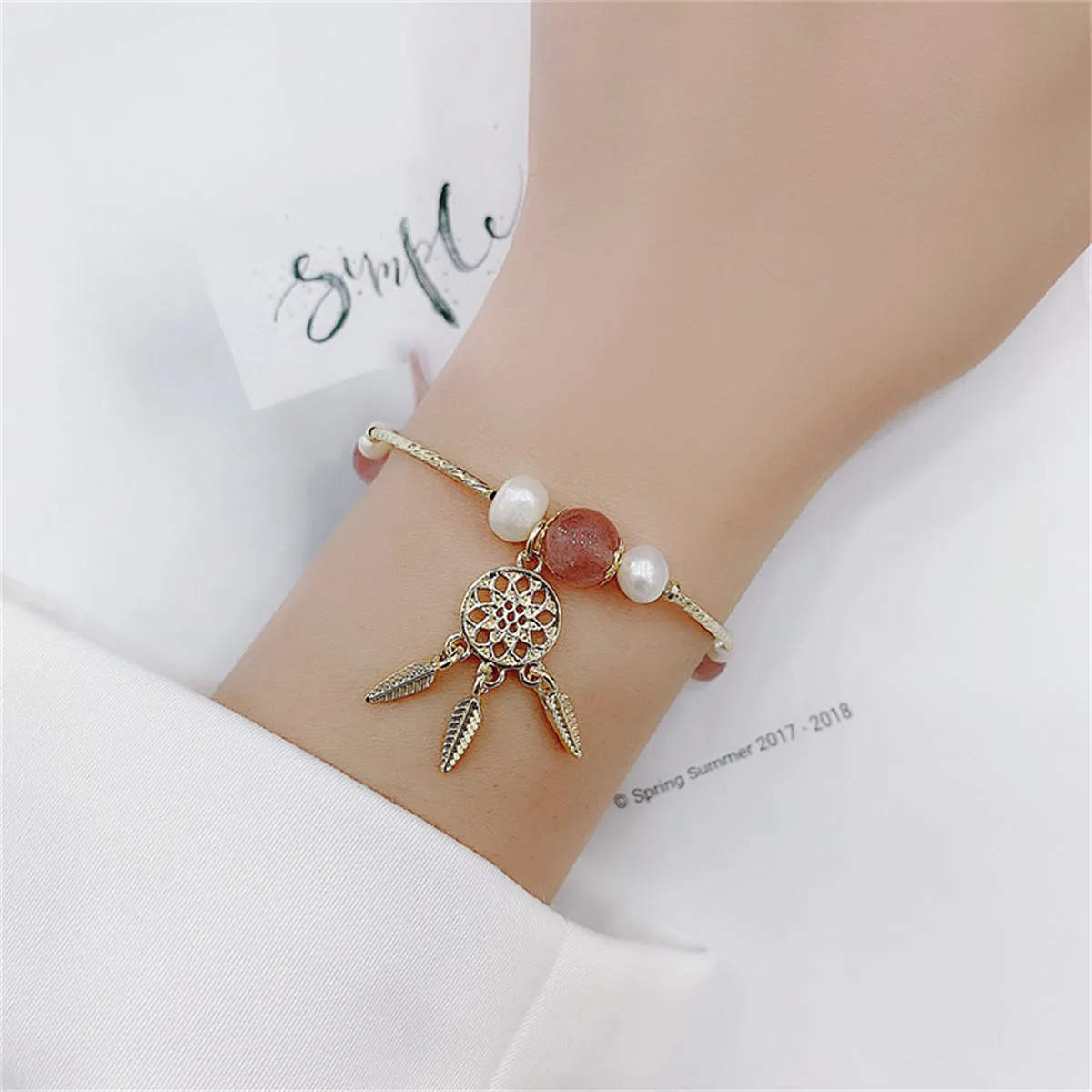 Crystal & Pearl 18K Gold-Plated Dreamcatcher Charm Bracelet