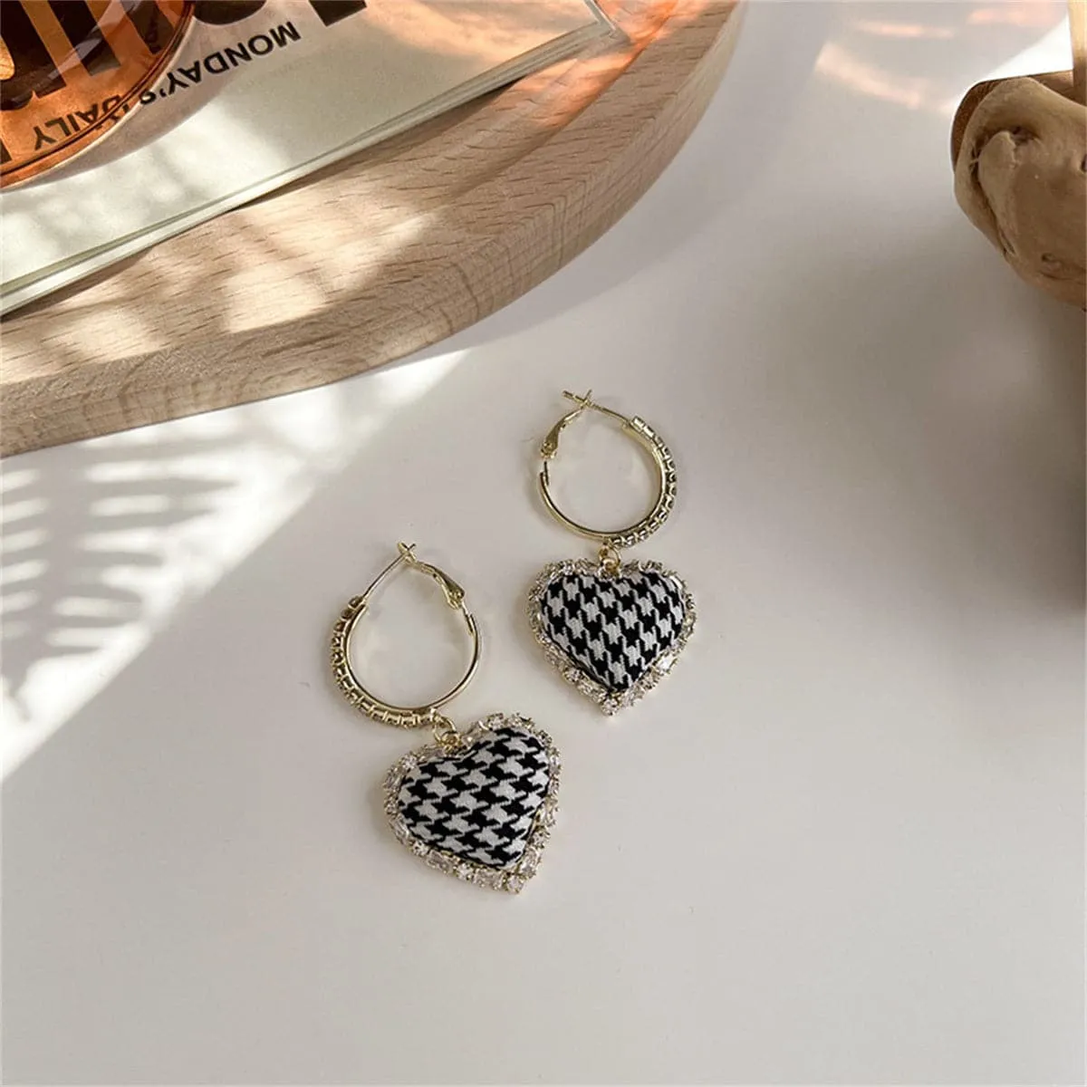 Cubic Zirconia & 18K Gold-Plated Houndstooth Heart Drop Earrings