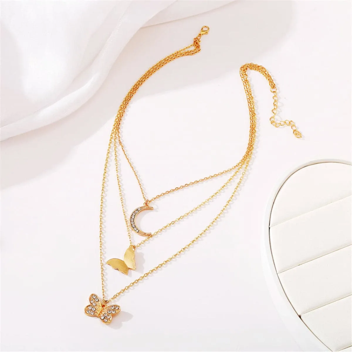 Cubic Zirconia & 18K Gold-Plated Moon Butterfly Layered Pendant Necklace