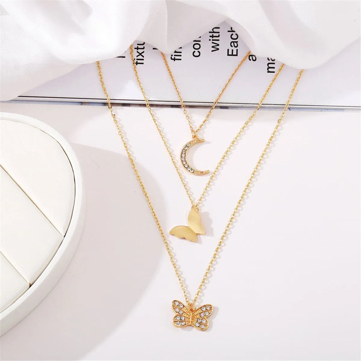 Cubic Zirconia & 18K Gold-Plated Moon Butterfly Layered Pendant Necklace