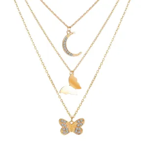Cubic Zirconia & 18K Gold-Plated Moon Butterfly Layered Pendant Necklace