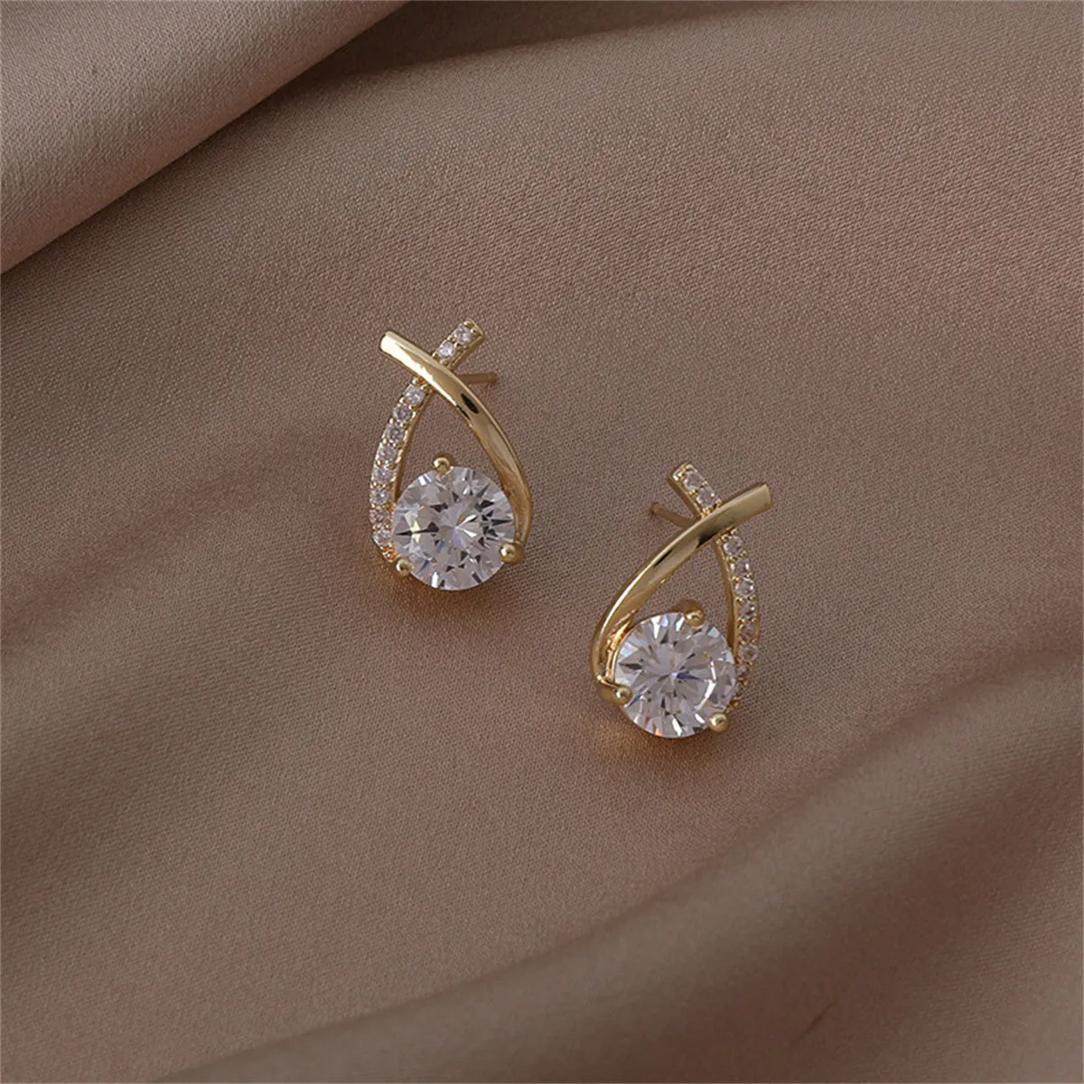 Cubic Zirconia & 18K Gold-Plated Round-Cut Teardrop Stud Earrings