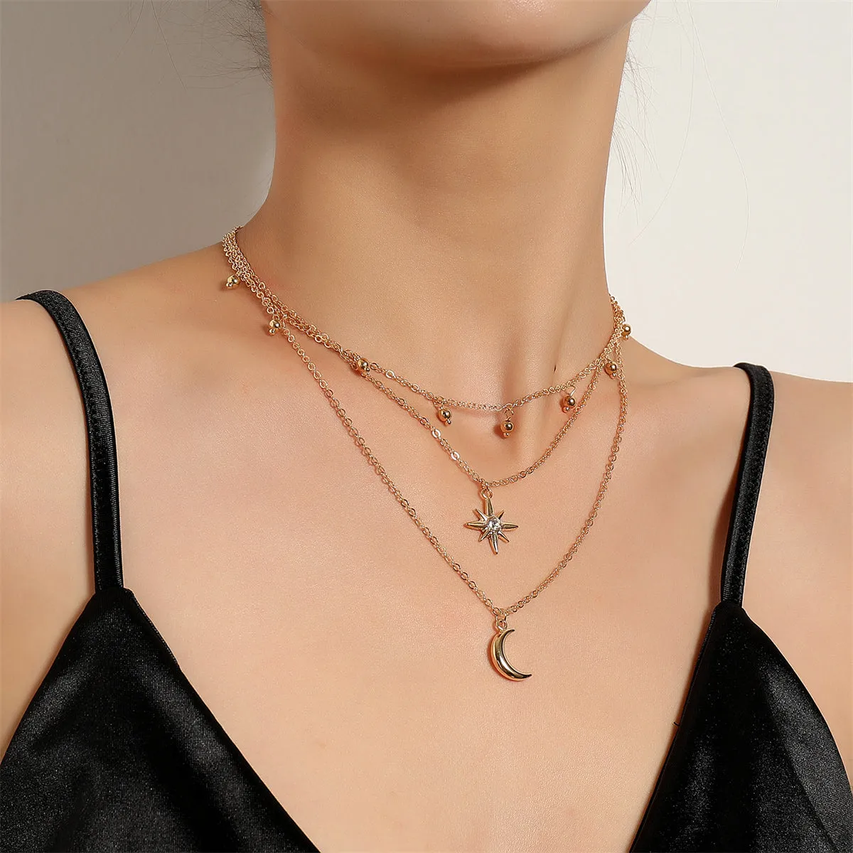 Cubic Zirconia & 18K Gold-Plated Stars Moon Layered Pendant Necklace