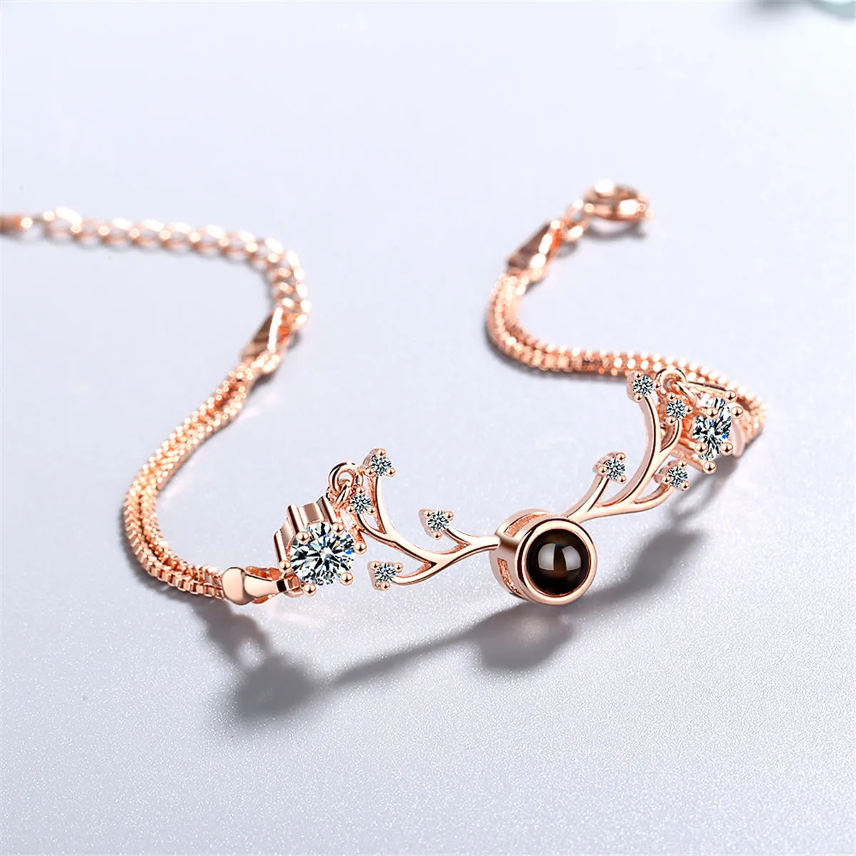 Cubic Zirconia & 18K Rose Gold-Plated Antler Charm Bracelet
