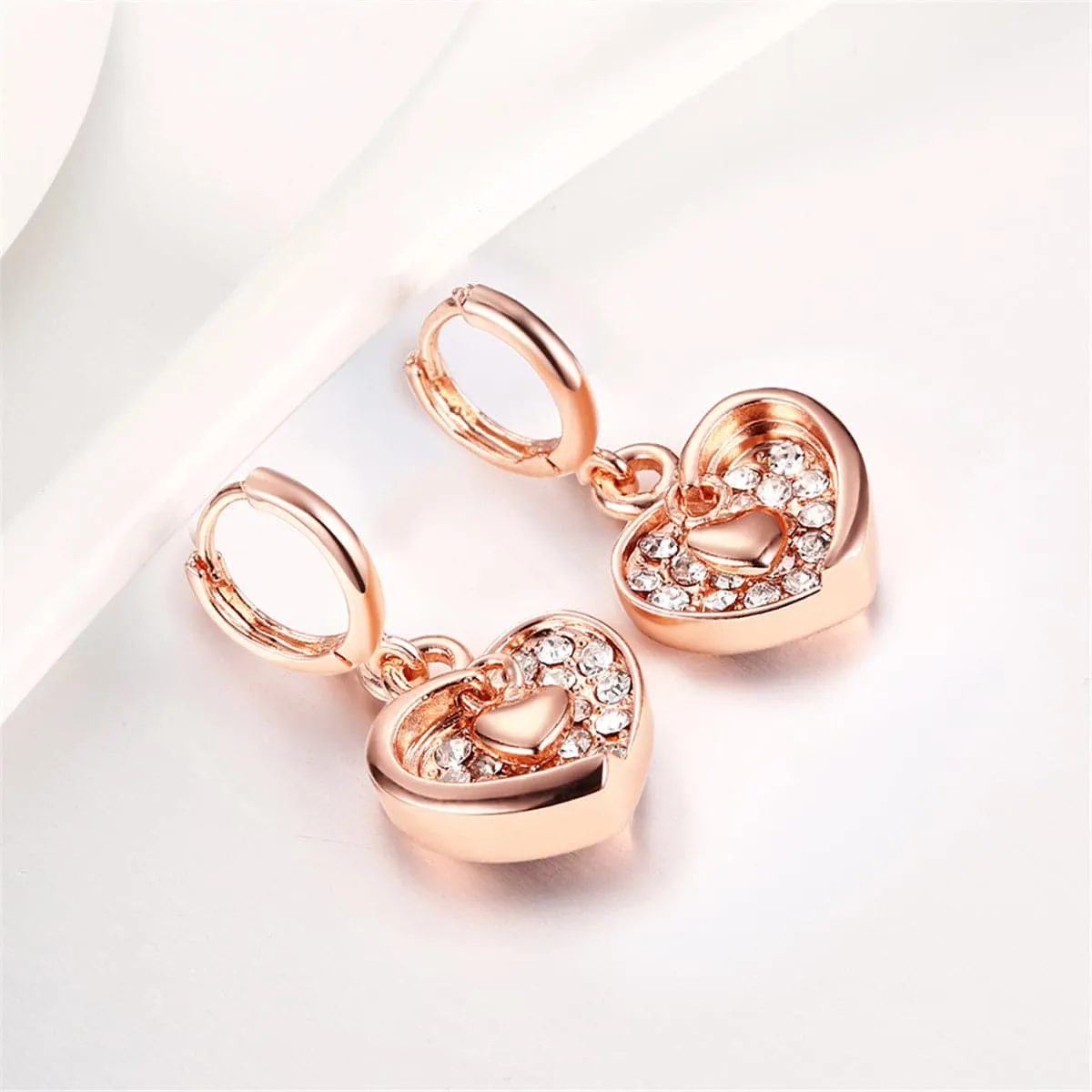 Cubic Zirconia & 18K Rose Gold-Plated Heart Dangle Earrings