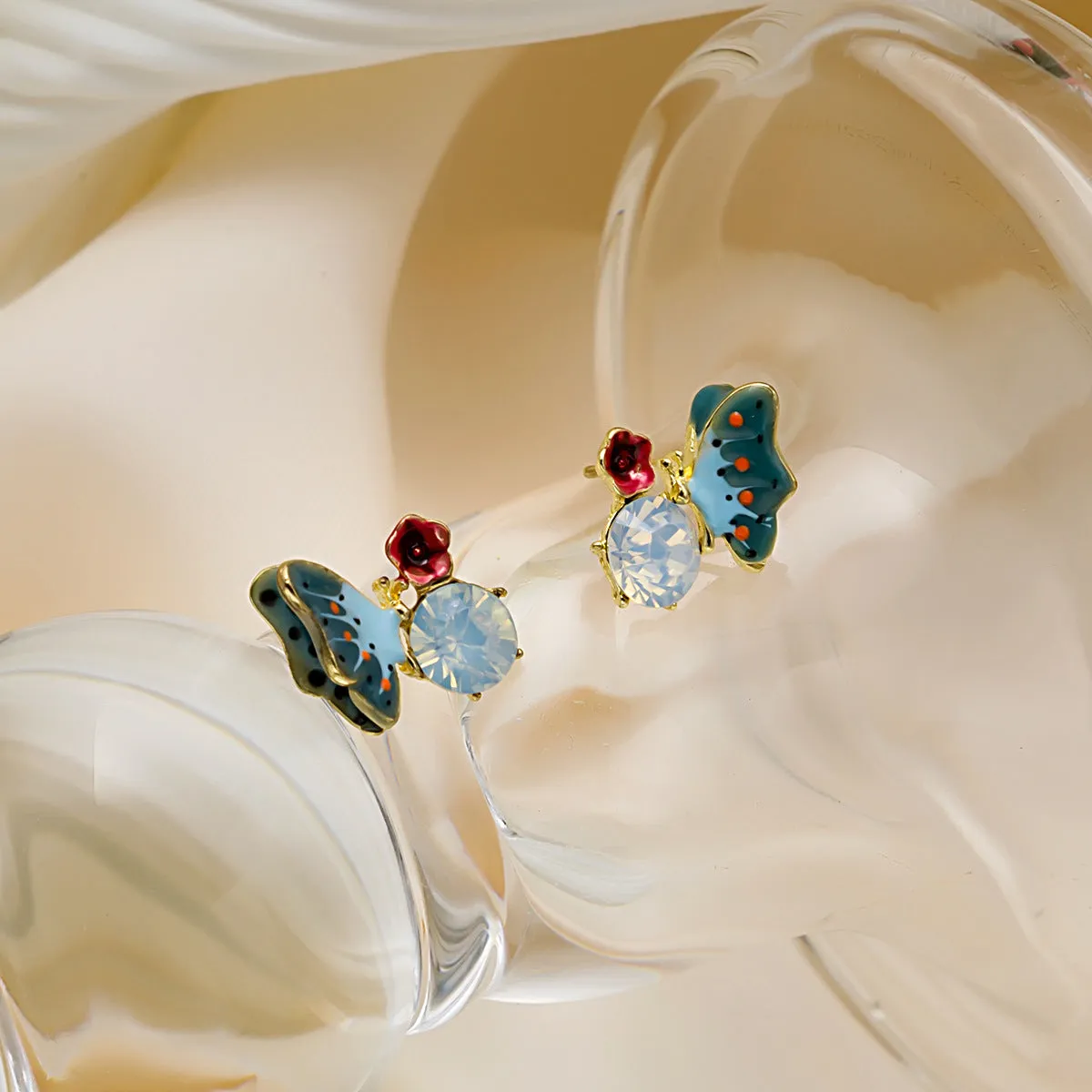 Cubic Zirconia & Blue Enamel 18K Gold-Plated Floral Butterfly Stud Earrings