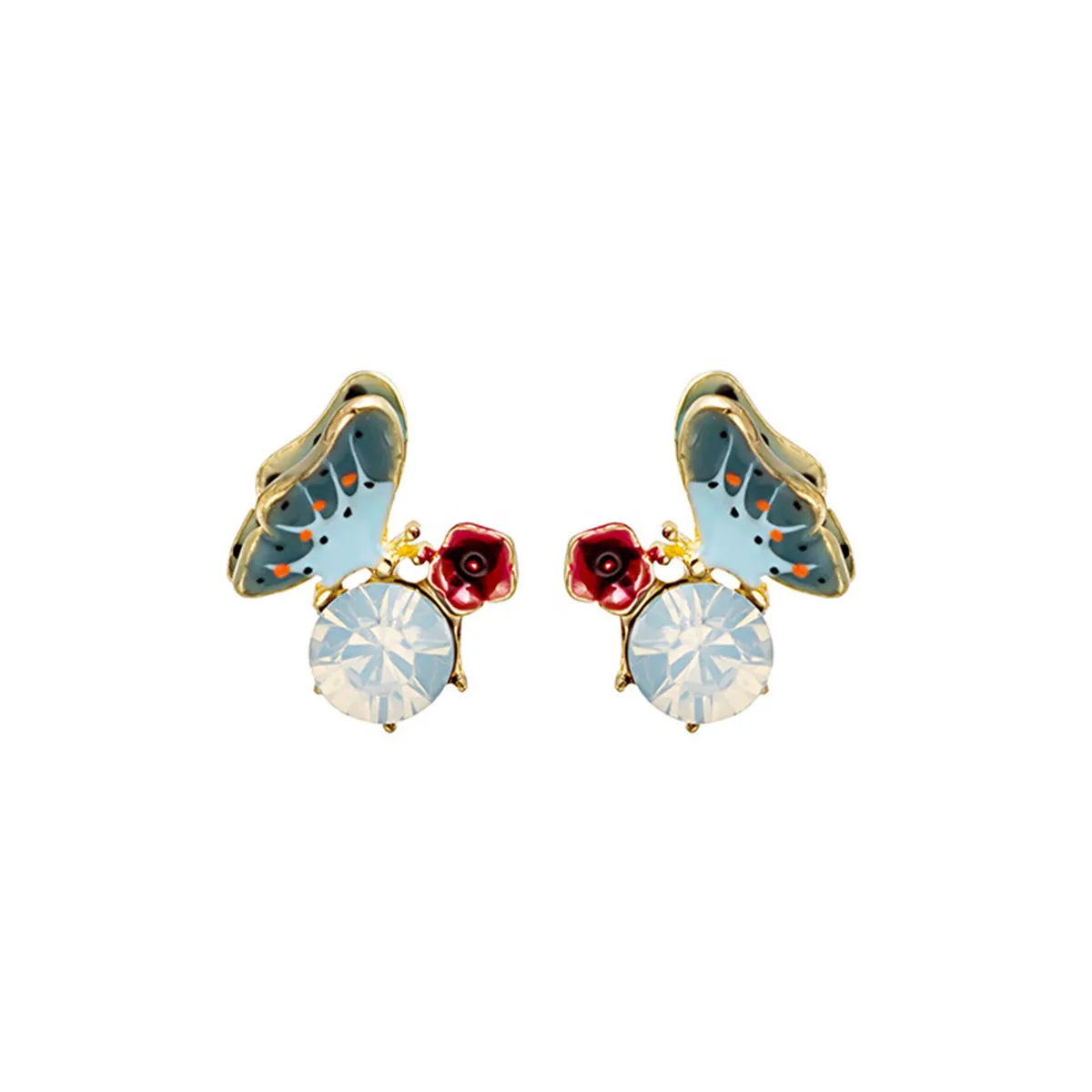 Cubic Zirconia & Blue Enamel 18K Gold-Plated Floral Butterfly Stud Earrings