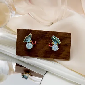 Cubic Zirconia & Blue Enamel 18K Gold-Plated Floral Butterfly Stud Earrings