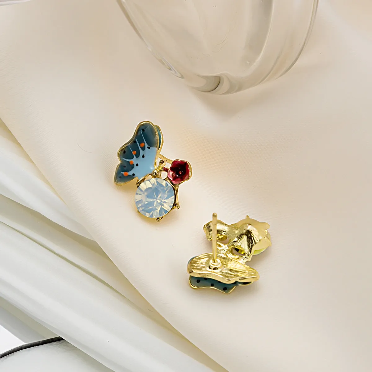 Cubic Zirconia & Blue Enamel 18K Gold-Plated Floral Butterfly Stud Earrings