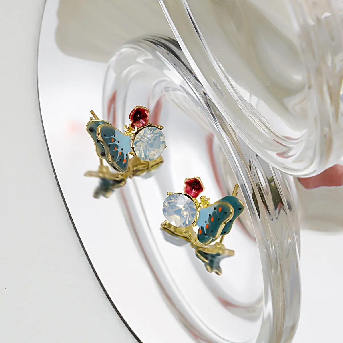 Cubic Zirconia & Blue Enamel 18K Gold-Plated Floral Butterfly Stud Earrings
