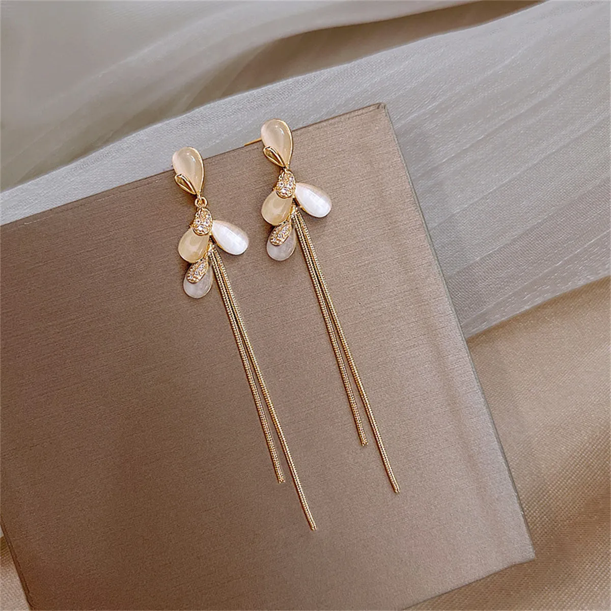Cubic Zirconia & Cat's Eye Petal Tassel Drop Earrings