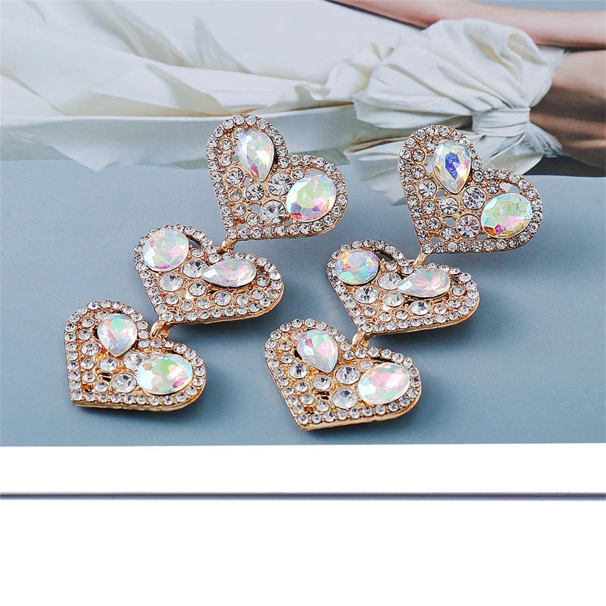 Cubic Zirconia & Crystal 18K Gold-Plated Tiered Heart Drop Earrings