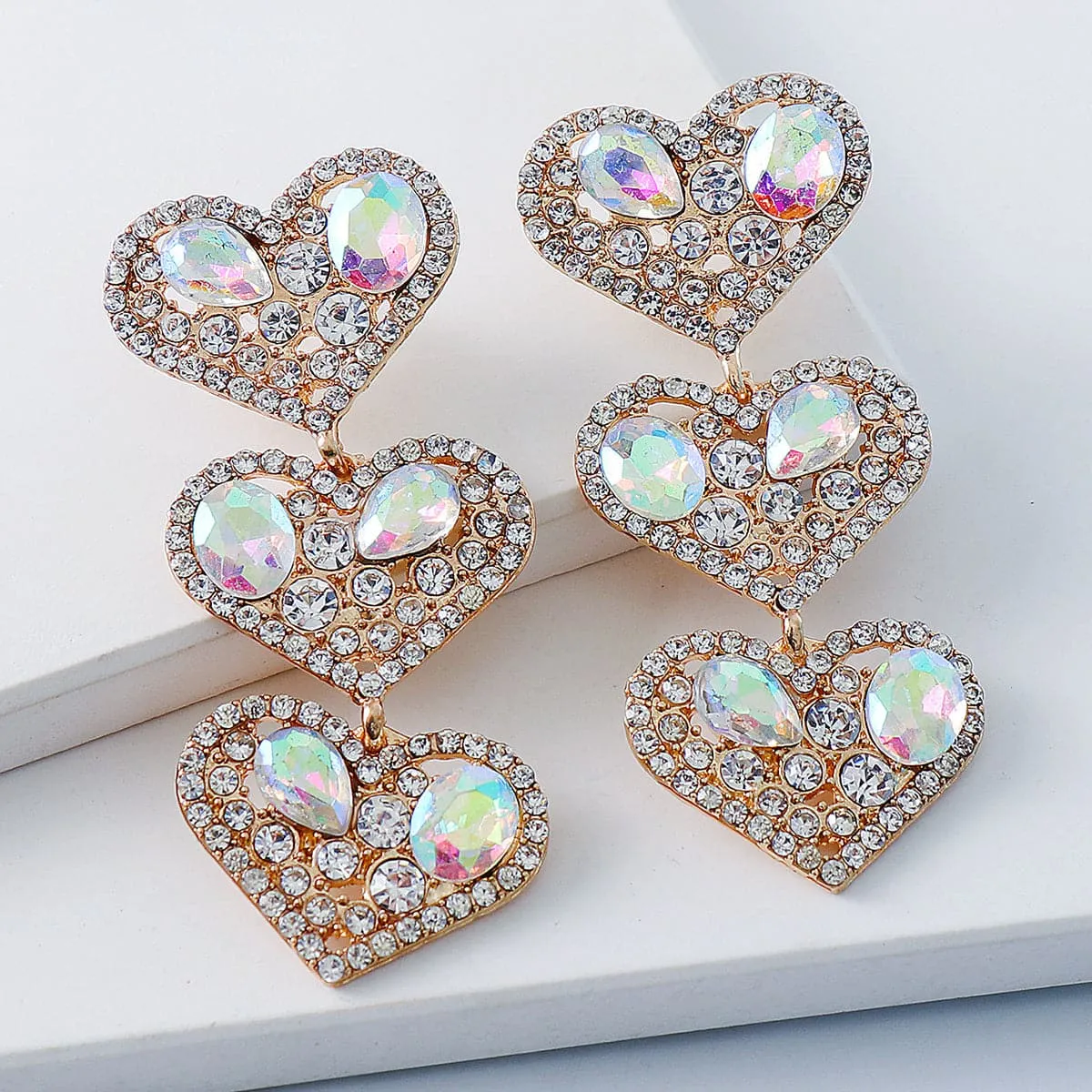 Cubic Zirconia & Crystal 18K Gold-Plated Tiered Heart Drop Earrings