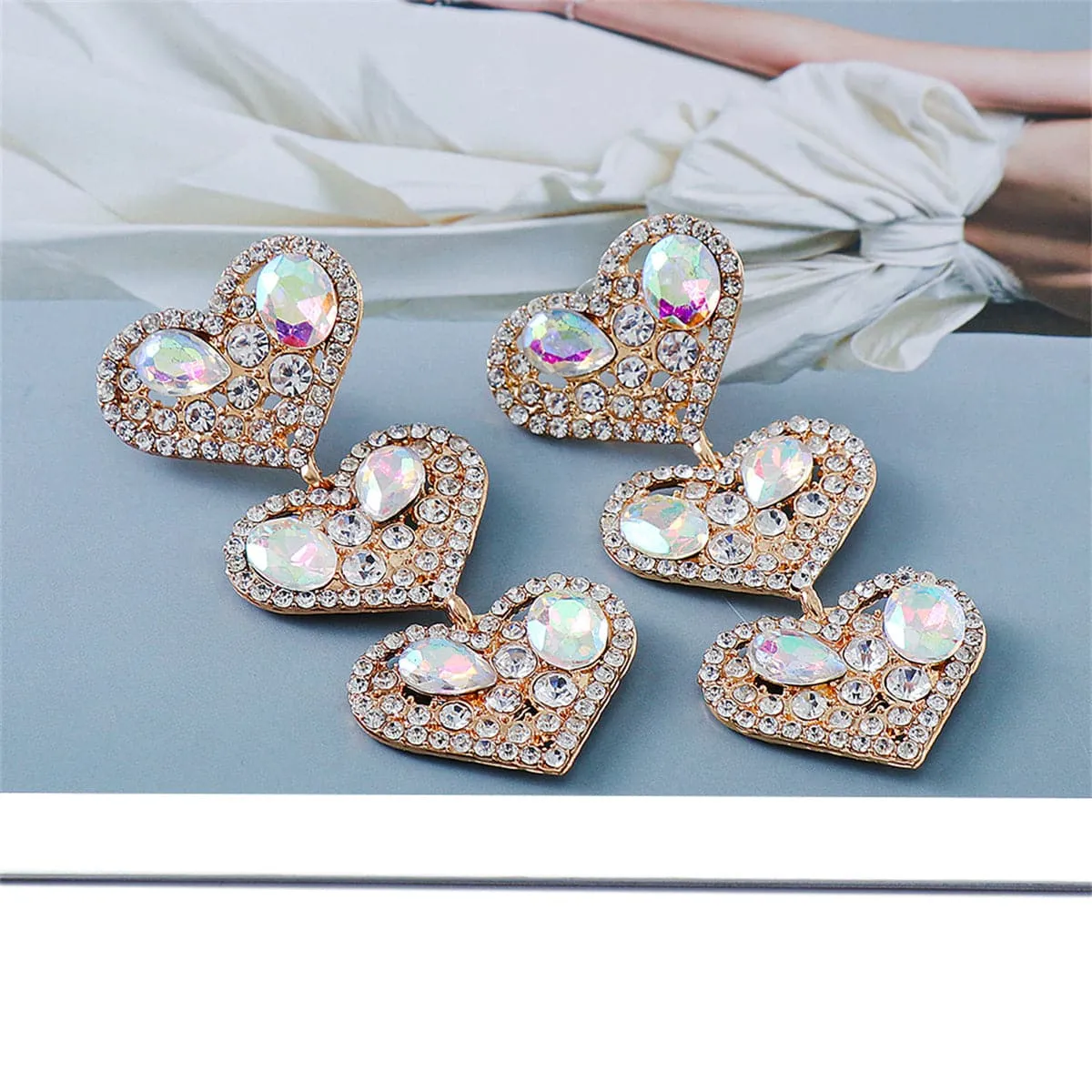 Cubic Zirconia & Crystal 18K Gold-Plated Tiered Heart Drop Earrings