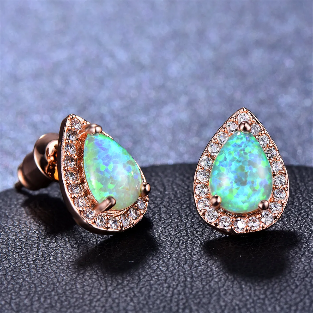 Cubic Zirconia & Green Opal Halo Teardrop Stud Earrings