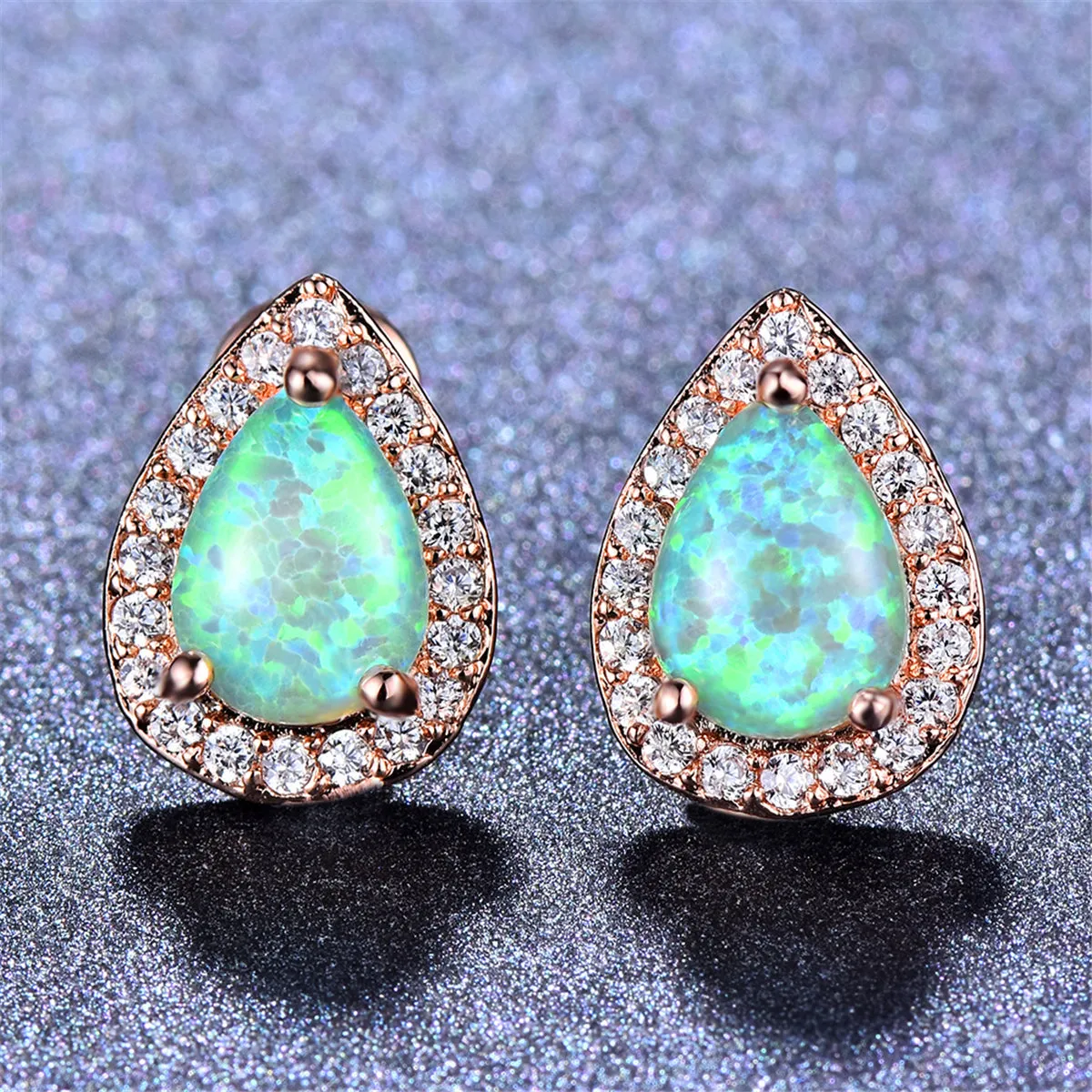 Cubic Zirconia & Green Opal Halo Teardrop Stud Earrings