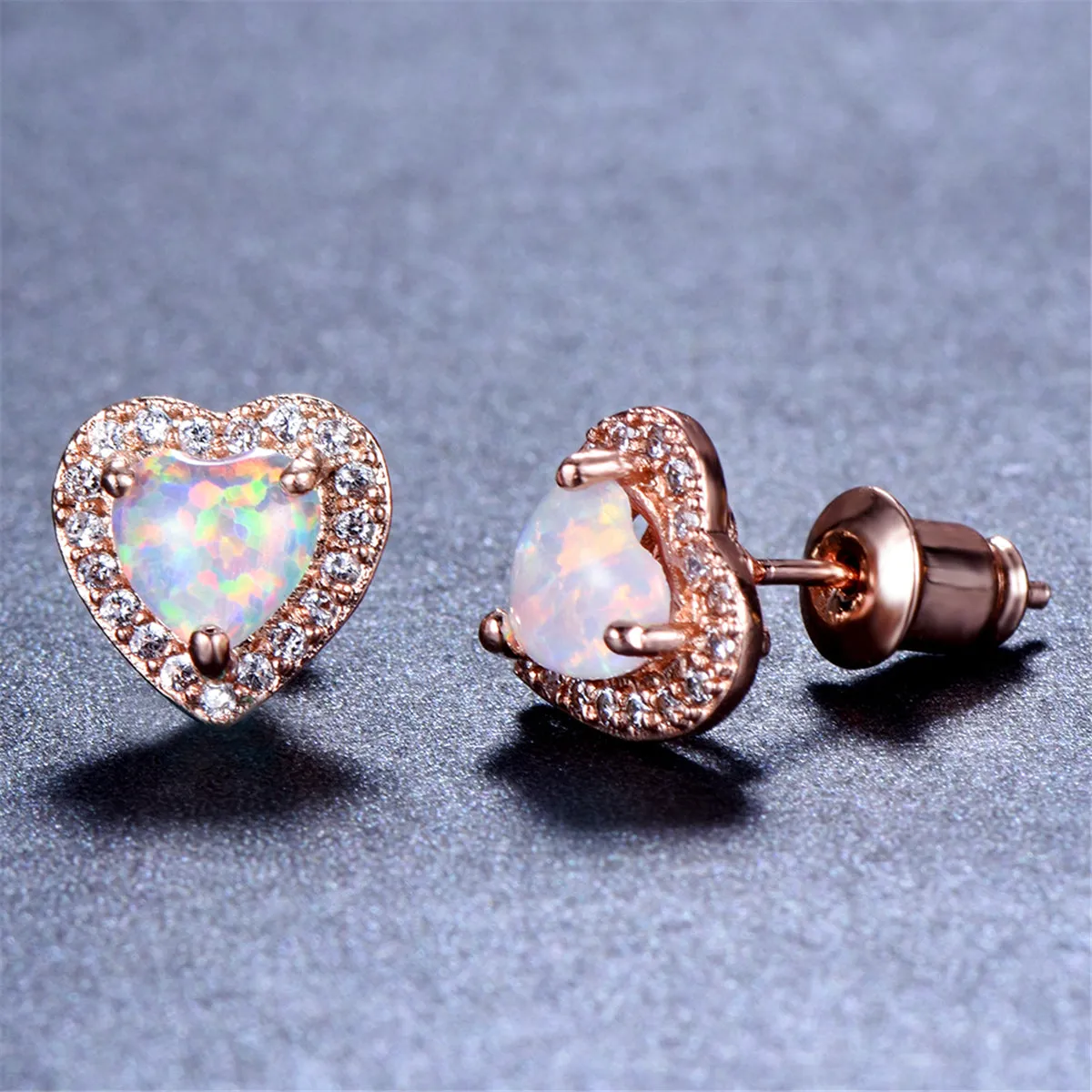 Cubic Zirconia & Opal 18K Rose Gold-Plated Halo Heart Stud Earrings