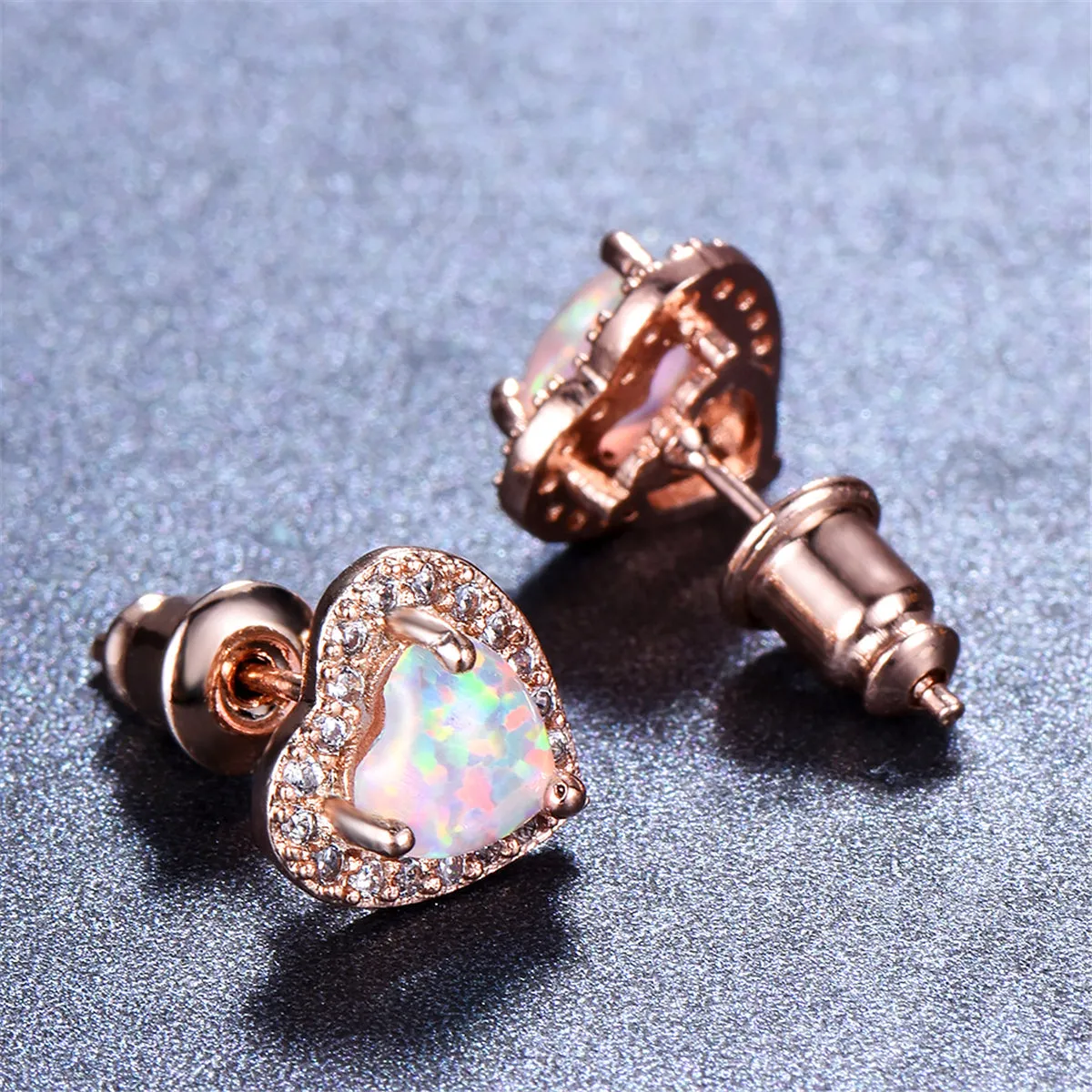 Cubic Zirconia & Opal 18K Rose Gold-Plated Halo Heart Stud Earrings