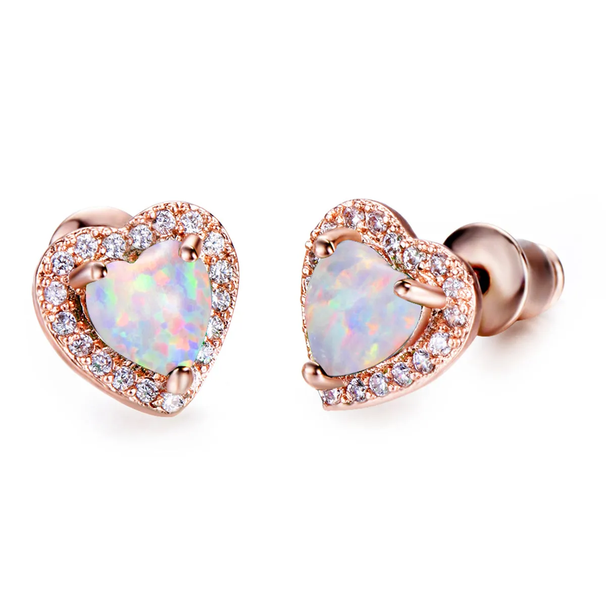 Cubic Zirconia & Opal 18K Rose Gold-Plated Halo Heart Stud Earrings