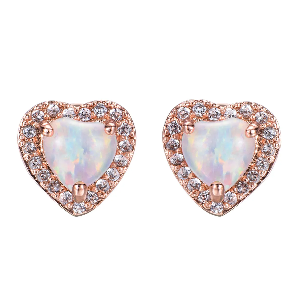 Cubic Zirconia & Opal 18K Rose Gold-Plated Halo Heart Stud Earrings