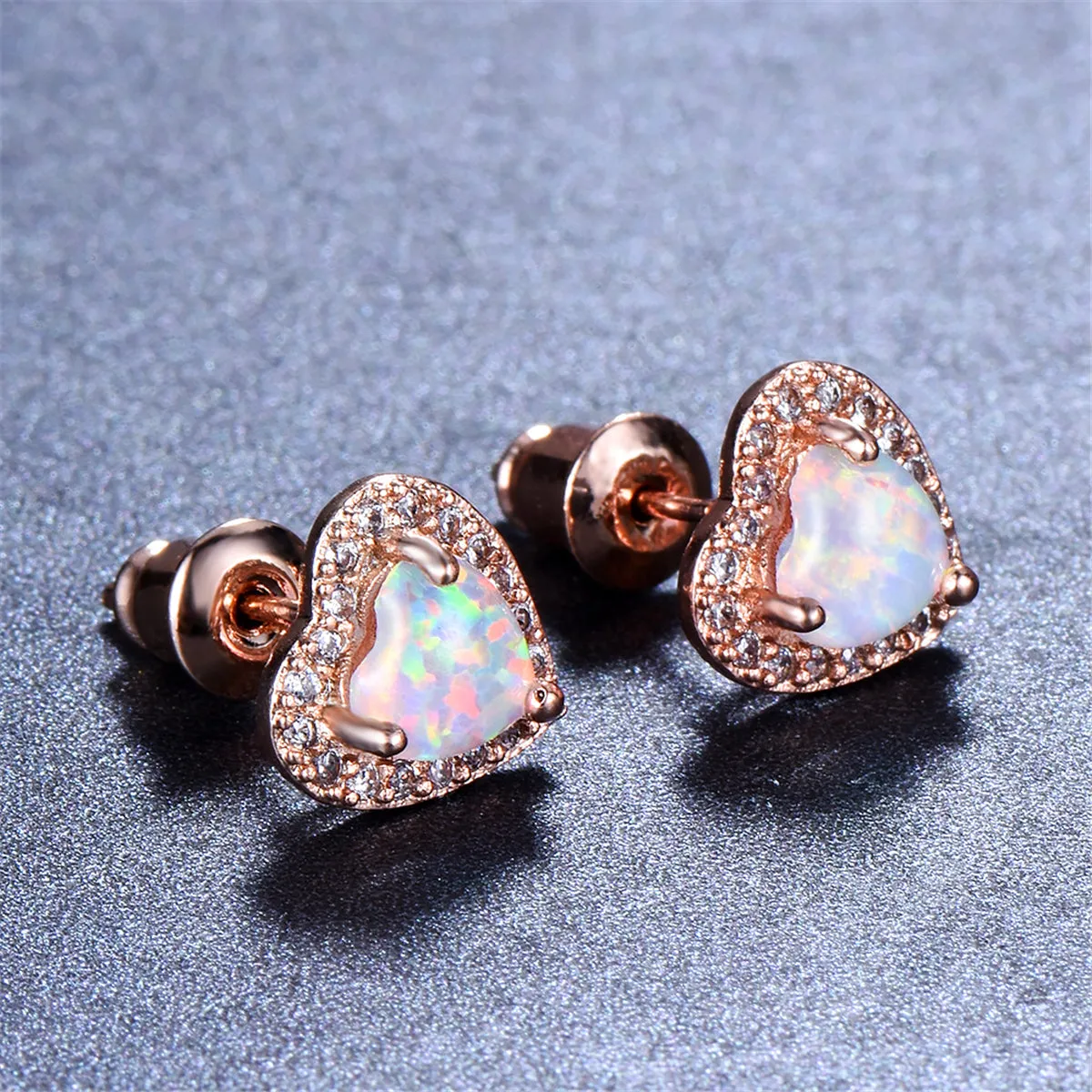Cubic Zirconia & Opal 18K Rose Gold-Plated Halo Heart Stud Earrings