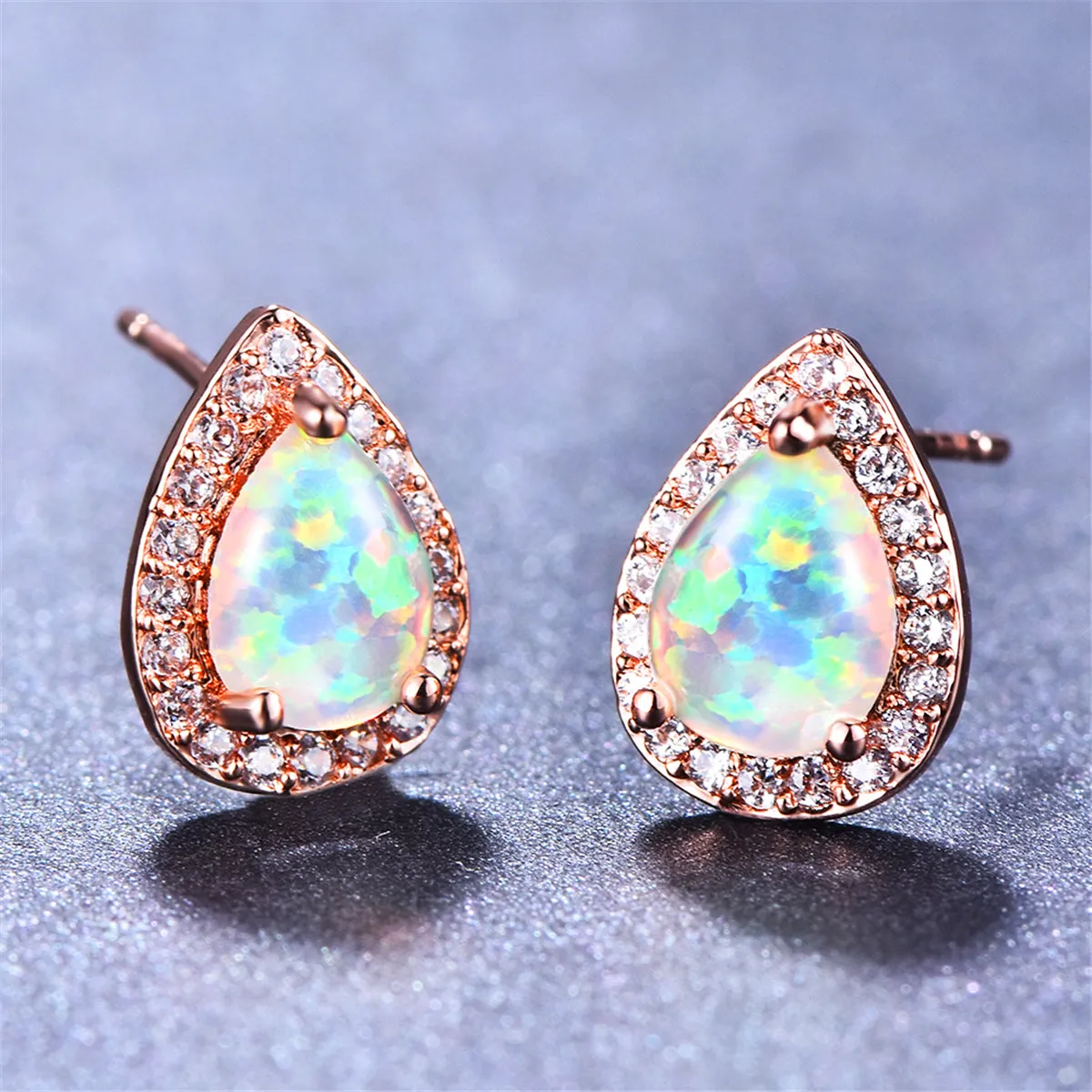 Cubic Zirconia & Opal Halo Teardrop Stud Earrings