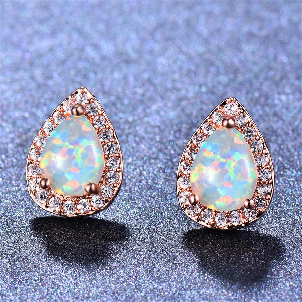 Cubic Zirconia & Opal Halo Teardrop Stud Earrings