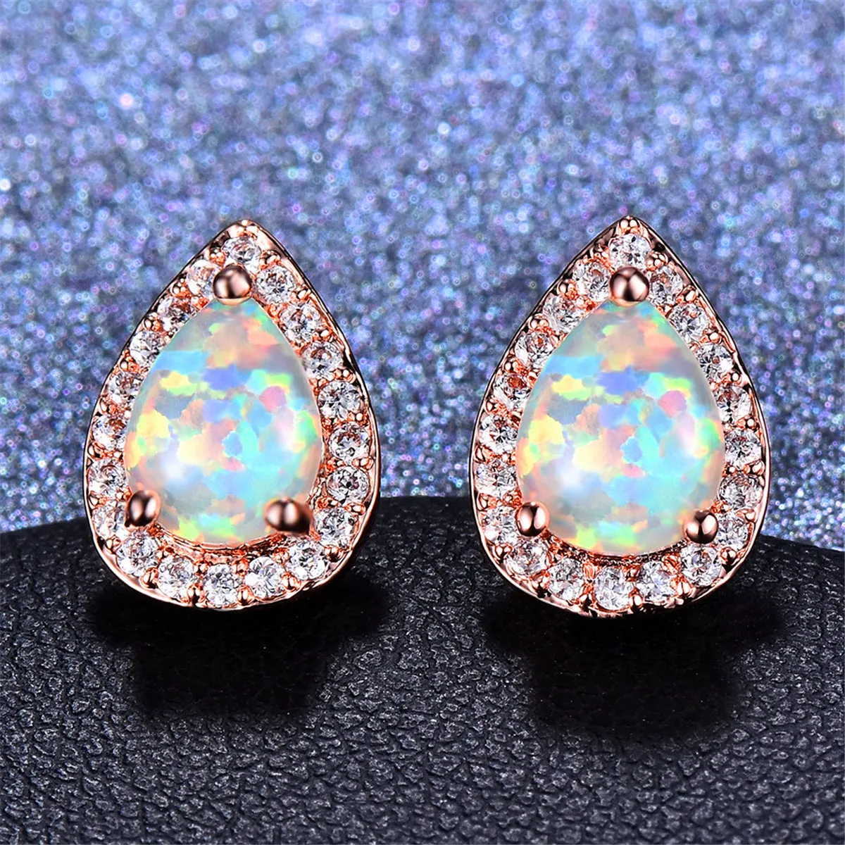 Cubic Zirconia & Opal Halo Teardrop Stud Earrings