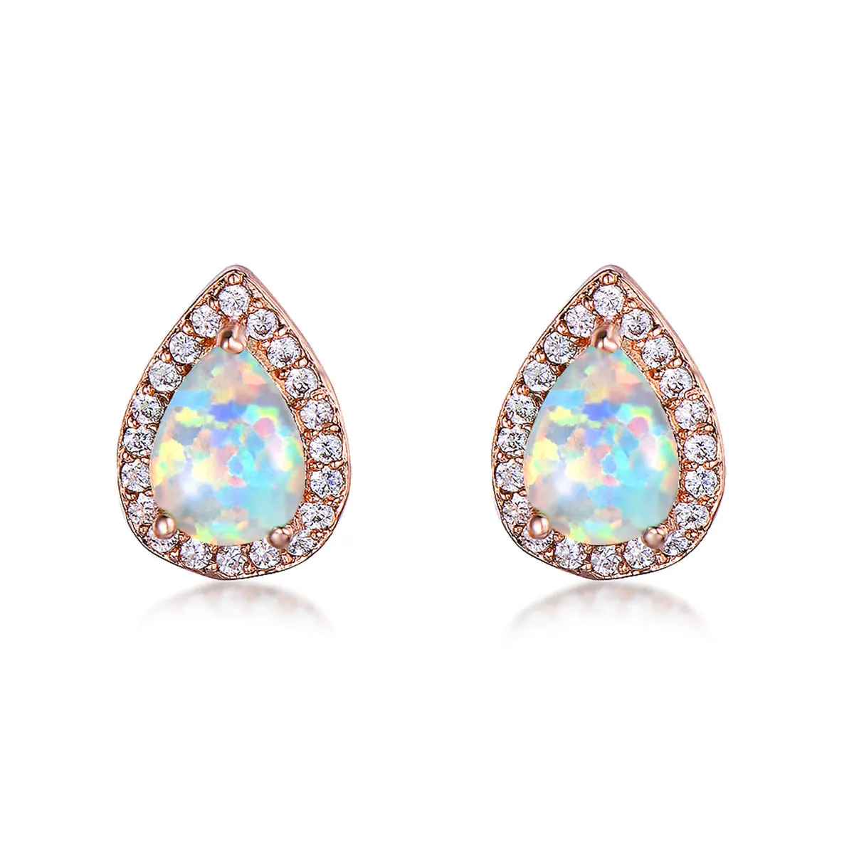 Cubic Zirconia & Opal Halo Teardrop Stud Earrings