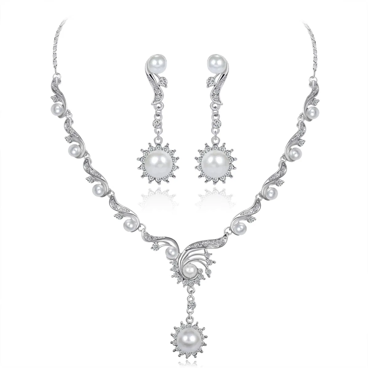 Cubic Zironia & Pearl Silver-Plated Botany Earrings & Necklace Set