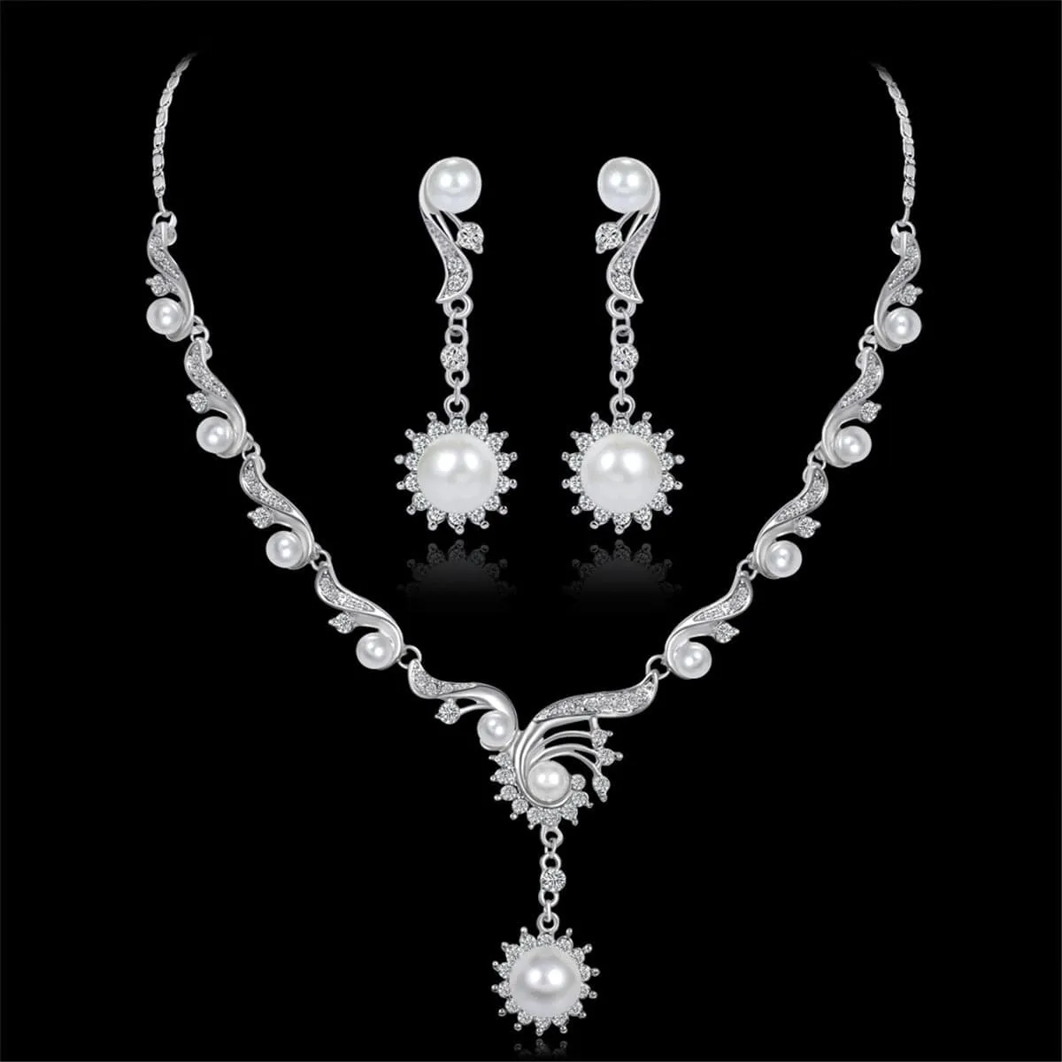 Cubic Zironia & Pearl Silver-Plated Botany Earrings & Necklace Set