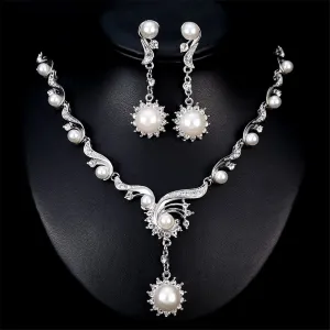 Cubic Zironia & Pearl Silver-Plated Botany Earrings & Necklace Set