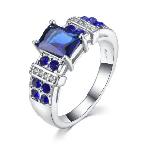 Dark Blue Crystal & Cubic Zirconia Silver-Plated Cushion-Cut Ring